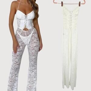 Outcast Remi Lace Flare Jumpsuit Ivory Festival XS